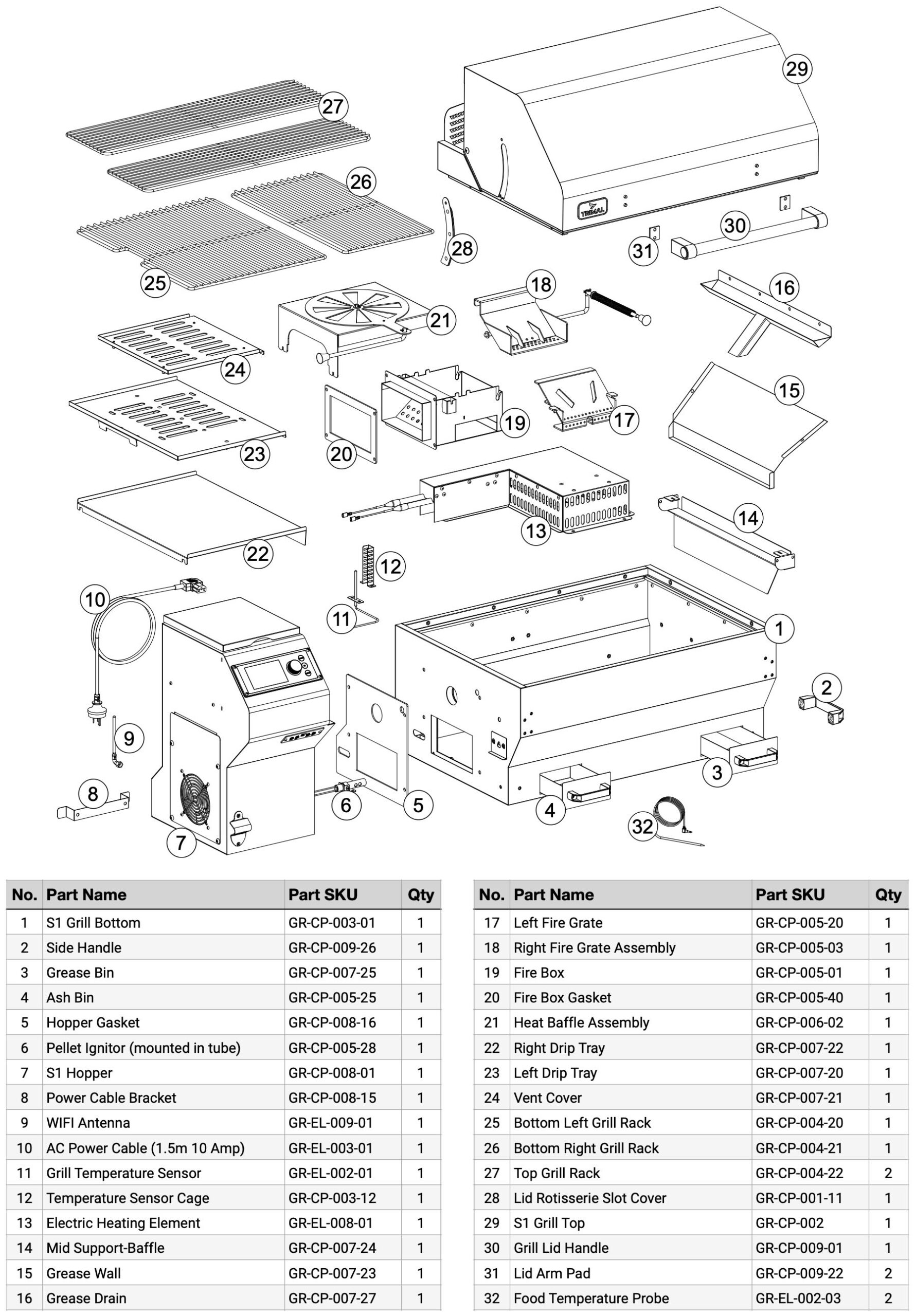 Trimal S1 wood pellet smoker grill exploded parts diagram